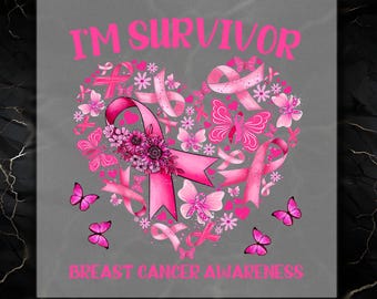 May include: Pink ribbon heart design with butterflies and the text "I'm Survivor Breast Cancer Awareness".