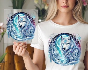 Winter Wolf DTF Transfer: Celestial Snow Scene Shirt Art