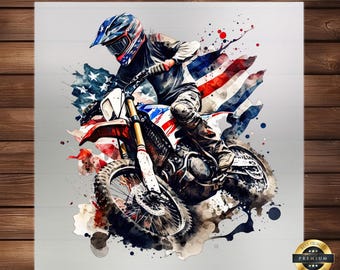 May include: A watercolor illustration of a motocross rider wearing a helmet and riding a dirt bike. The rider is wearing a black and red racing suit and the bike is painted with red, white, and blue colors. The background is a watercolor wash of red, white, and blue colors, reminiscent of the American flag.