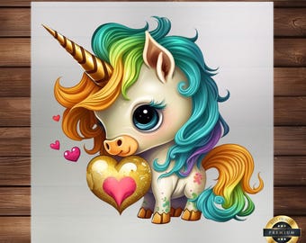 May include: A colorful cartoon unicorn with a rainbow mane and tail holds a gold heart with a pink heart inside. The unicorn has blue eyes and a pink nose. There are small pink hearts scattered around the unicorn.