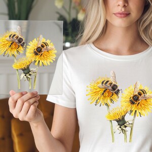 Bumble Bees on Yellow Flower DTF Transfer, Ready to Press Heat Transfer for Nature Shirt Design, Realistic Garden Bee Artwork