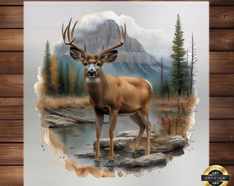 May include: A watercolor painting of a white-tailed deer standing in a stream. The deer is brown with a white tail and is surrounded by green trees and a mountain in the background.
