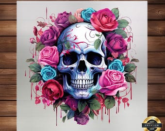 May include: A white skull with intricate details is surrounded by pink, purple, and blue roses. The skull has a blue and white color scheme and is surrounded by dripping red paint.