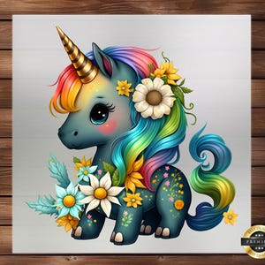 Cute Unicorn Floral DTF Transfer, Whimsical Garden Design for Enchanting Apparel, Children&#39;s Clothing, Easy-to-Apply, Dreamy Fantasy Art