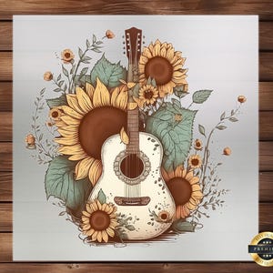 May include: A vintage-style illustration of an acoustic guitar with a white body and brown neck, surrounded by yellow sunflowers and green leaves.