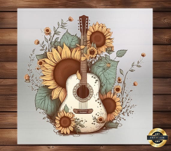 Guitar Sunflower DTF Transfer: Western Rustic Design