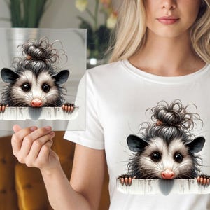 Messy Hair Opossum DTF Transfer, Cute Animal Peeking Out, Ready to Press Funny Shirt Design, Whimsical Look for DIY Animal Prints