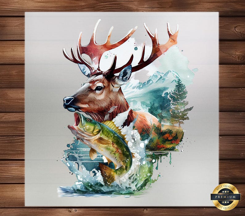 May include: A watercolour painting depicting a deer with large antlers, a fish, and a mountain scene. The deer is brown with a white chest, and the fish is green and yellow. The background features a mountain range and a pine tree.