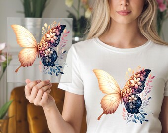 Golden Floral Butterfly DTF Transfer: Yellow Flower Petal Botanical Wing Apparel