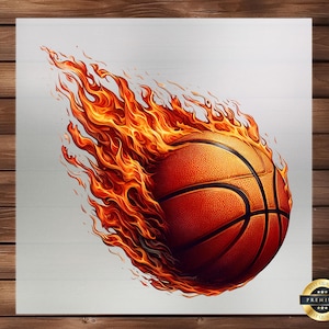 May include: A basketball engulfed in flames, with the basketball's orange and black design visible. The flames are a vibrant orange and yellow.