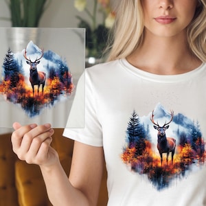 Mountain Deer DTF Transfer, Stag in Colorful Autumn Landscape with Trees and Mist, Ready To Press for Nature Lovers Shirt Art