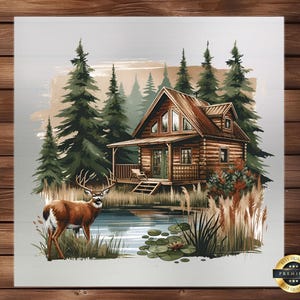 May include: A painting of a rustic log cabin nestled in a forest setting. The cabin has a wooden porch and a pond in front of it. A deer stands in the foreground, looking towards the cabin.