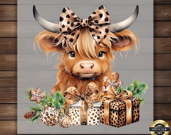 Christmas Highland Cow DTF Transfer, Leopard Bow Design