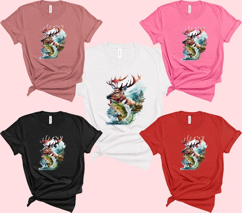 May include: A selection of short-sleeved t-shirts in shades of pink, red, black, white, and mauve. Each tee displays a watercolour-style image of a deer with large antlers, leaping over fish in a watery setting.