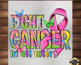 Op de afbeelding: Een roze lint met vlinders en de tekst "Fight Cancer in all colors" op een witte achtergrond. Het lint is een symbool voor bewustwording van borstkanker.