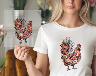 Floral Rooster DTF Transfer: Vibrant Farmhouse Chicken Design