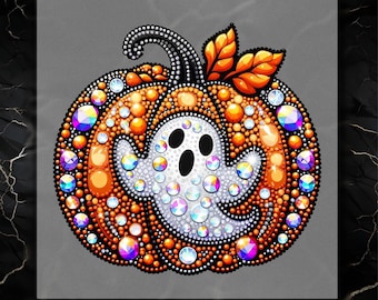 Ghost Pumpkin DTF Transfer with Faux Rhinestone Halloween Style Ready To Press
