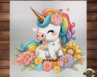 May include: A colorful cartoon unicorn with a rainbow mane and tail surrounded by flowers. The unicorn has a gold horn and is wearing a floral pattern.
