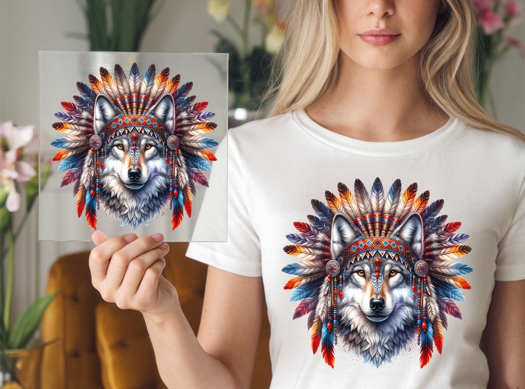 Feathered Wolf DTF Transfer, Tribal Wolf Head Art Print, Ready to Press ...