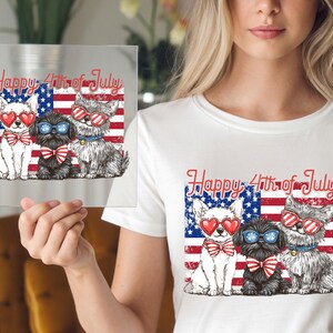 Patriotic Dog DTF Transfer, Red White Blue Sunglass Pups with Flags, Ready to Press 4th of July Shirt, Fun USA Pet Design
