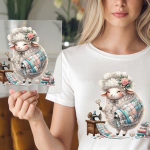 May include: A whimsical illustration of a sheep wearing a floral crown and a patchwork quilt. The sheep is holding scissors and is next to a sewing machine. The image has a soft, pastel color palette, suggesting a craft or home decor theme.