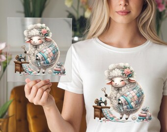 Lamb with Sewing Machine DTF Transfer: Pastel Patchwork Shirt Art