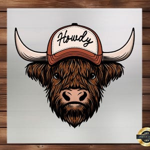 May include: A detailed illustration of a Highland cow wearing a baseball cap. The cap is brown and white with the word "Howdy" in black script. The cow has long, shaggy brown fur, large horns, and a pink nose.