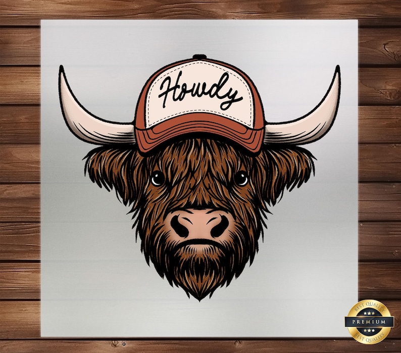 May include: A detailed illustration of a Highland cow wearing a baseball cap. The cap is brown and white with the word "Howdy" in black script. The cow has long, shaggy brown fur, large horns, and a pink nose.