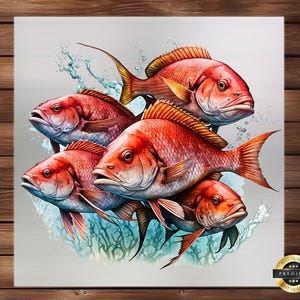 May include: A close-up of a group of five red snapper fish swimming in a coral reef. The fish are depicted in a realistic style with detailed scales and fins. The background is a light blue with white bubbles.