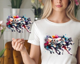 Vibrant Wolves DTF Transfer: Color Splash Iron-On Design
