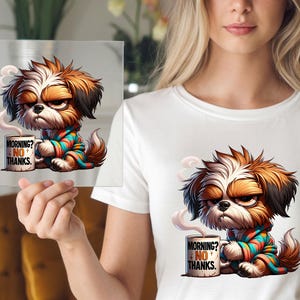 Coffee Dog DTF Transfer, Funny Cartoon Print, Ready to Press, DIY Moody Shirt, Tired Pup Design