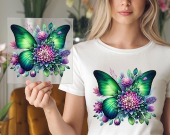 Green Dahlia Butterfly DTF Transfer: Garden Blossom Floral Insect Nature Apparel Decal