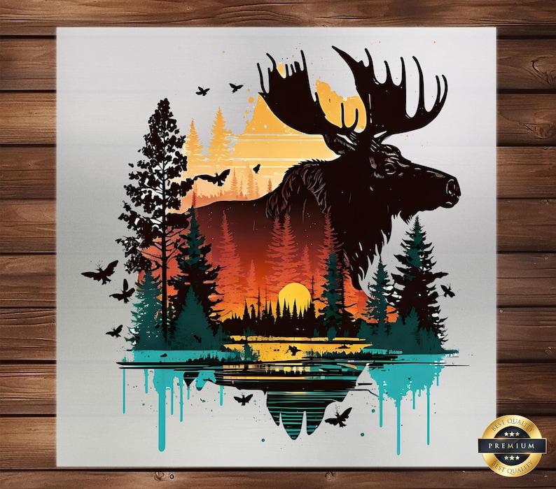 May include: A silhouette of a moose standing in a forest with a sunset in the background. The moose is surrounded by trees and the sunset is a vibrant orange and yellow. The image is stylized with a dripping paint effect.