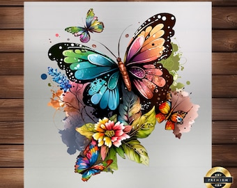May include: A colorful butterfly with blue, green, and pink wings is surrounded by flowers and leaves. The butterfly is in a watercolor style with splashes of color.