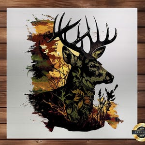May include: A detailed illustration of a deer's head and antlers, rendered in shades of black, green, and brown. The artwork features a stylized floral pattern on the deer's body and is set against a backdrop of autumnal colors.