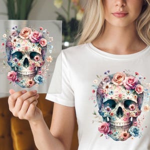 Floral Gothic Skull DTF Transfer: Butterflies & Roses Design