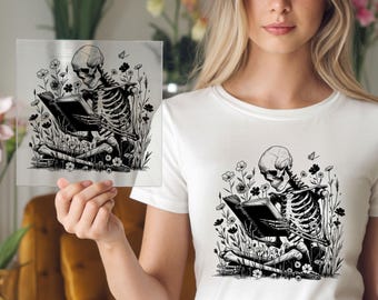 Book Reading Skeleton DTF Transfer: Skeleton Reader Dark Academia Artwork
