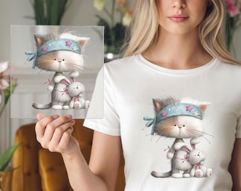 Kitten Hugging Bunny DTF Transfer: Nursery Animal Apparel Graphic