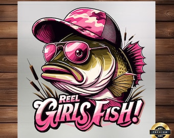 May include: A pink and green fish wearing sunglasses and a pink camouflage baseball cap. The fish is surrounded by reeds and the text "Reel Girls Fish!" is written below the fish.