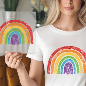 May include: A white t-shirt and a clear square with a distressed rainbow design. The rainbow features red, orange, yellow, green, blue, and purple arches. The shirt also has the same rainbow design.