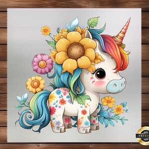 Cute Unicorn Floral DTF Transfer, Magical Garden Adventure for Apparel, Kids&#39; Clothing, Accessories, Easy-to-Apply, Whimsical Fantasy Art