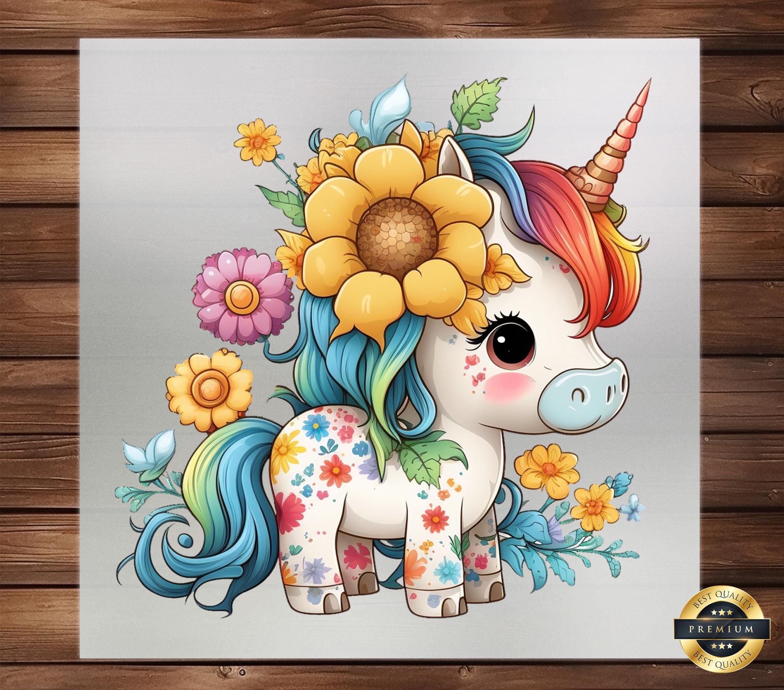 Cute Unicorn Floral DTF Transfer, Magical Garden Adventure for Apparel, Kids' Clothing, Accessories, Easy-to-Apply, Whimsical Fantasy Art