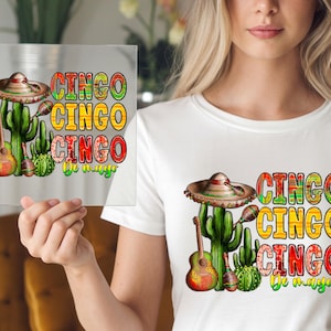Fiesta Cactus DTF Transfer, Cinco De Mayo Print, Ready to Press, Fun Mexican Party Shirt, Colorful Celebration Art, Sombrero Maracas Design
