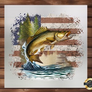 May include: A watercolor illustration of a fish jumping out of the water with an American flag in the background. The fish is a light brown color with a white belly and is jumping out of a blue wave. The American flag is red, white, and blue and is faded and distressed.