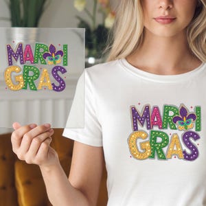 Bold Mardi Gras Text DTF Transfer, Festive Purple Green Gold Mask and Beads Design, DIY Ready to Press Shirt Print