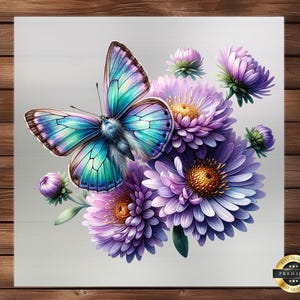 May include: A vibrant blue butterfly with iridescent wings rests on a cluster of purple and white flowers. The butterfly's wings have a delicate, almost translucent quality, and the flowers are arranged in a beautiful, natural composition.