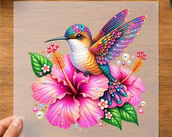 Colorful Hummingbird DTF Transfer with Pink Hibiscus and Tropical Florals Ready To Press