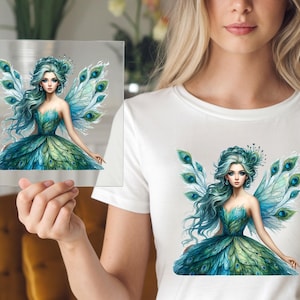 Peacock Fairy DTF Transfer: Fantasy Woman with Feathered Dress