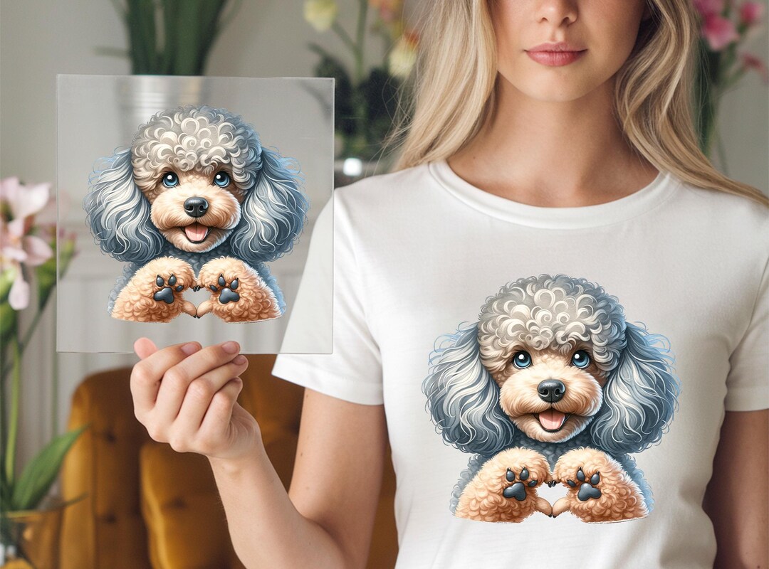 Curly Poodle DTF Transfer: Dog With Heart Paw - Ready to Press Shirt ...