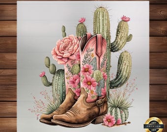 Cowgirl Boots & Cactus Western DTF Transfer: Chic Rustic Design